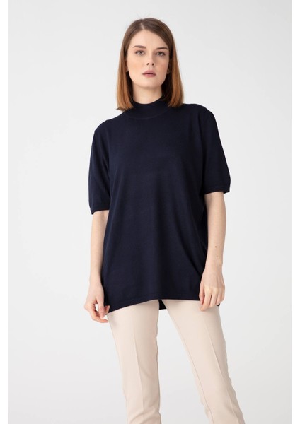 Kadın Likralı Kısa Kollu Yarım Balıkçı Bluz Koyu Lacivert modelleri