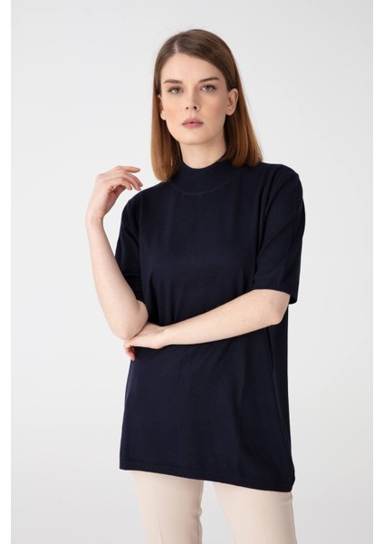 Kadın Likralı Kısa Kollu Yarım Balıkçı Bluz Koyu Lacivert fırsatları