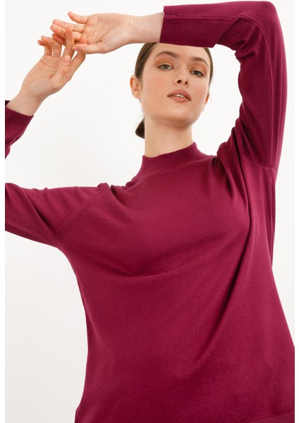 Kadın Likralı Uzun Kol Basic Yarım Balıkçı Bluz Mürdüm