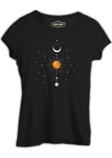 Lordd T-Shirt Güneş Ay ve Yıldızlar Siyah Kadın T-Shirt