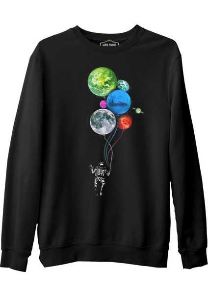 Lordd T-Shirt Gezegenler - Astronot Siyah Erkek Kalın Sweatshirt
