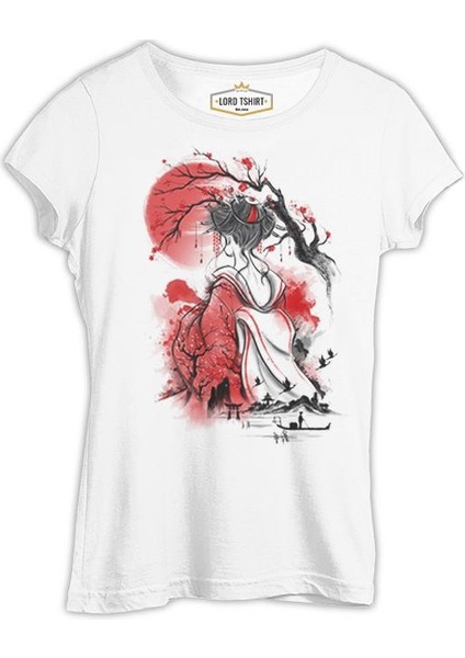 Lordd T-Shirt Japon Geisha - Ay Beyaz Kadın T-Shirt