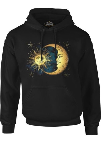 Lordd T-Shirt Güneş Ay ve Bulutlar Siyah Erkek Fermuarsız Kapüşonlu