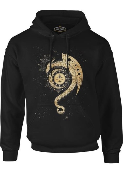 Lordd T-Shirt Dragon ve Ay Siyah Erkek Fermuarsız Kapüşonlu