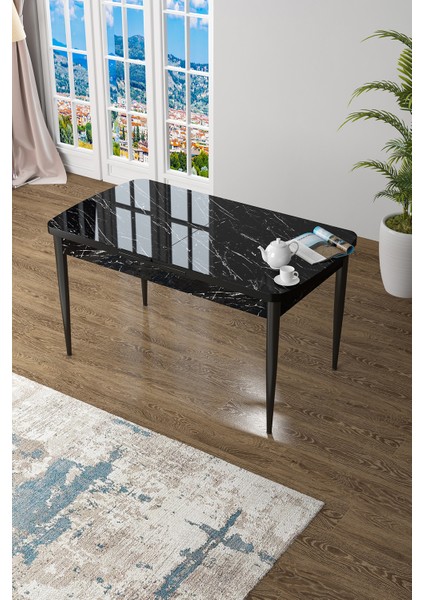 Concept Zen Serisi Mdf Açılabilir Siyah Mermer Desenli Mutfak Masası Takımı + 6 Siyah Sandalye