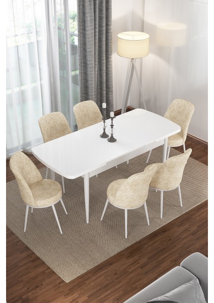 Concept Via Açılabilir Mutfak Masası Takımı- Beyaz Açılabilir Masa +6 Krem Sandalye