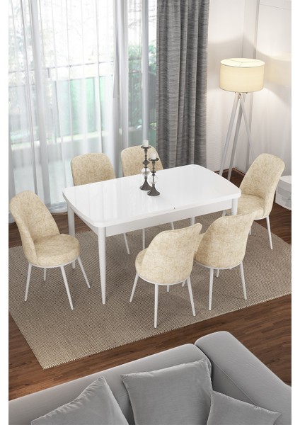 Concept Via Açılabilir Mutfak Masası Takımı- Beyaz Açılabilir Masa +6 Krem Sandalye modelleri