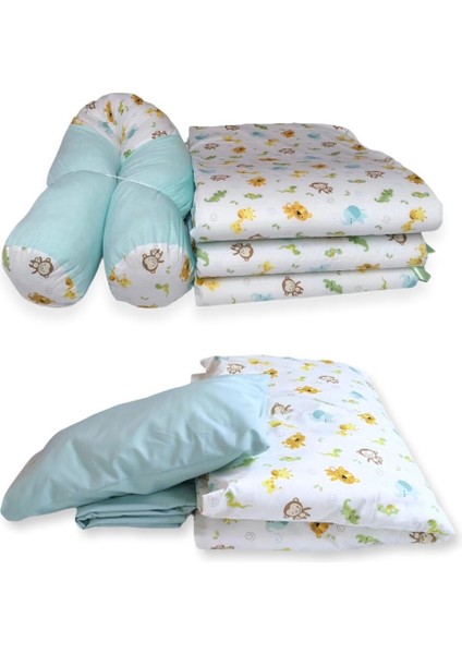 Bebek/Çocuk Uyku Seti Safari Desen/mint 7 Parça (Silindir Yastıklı))