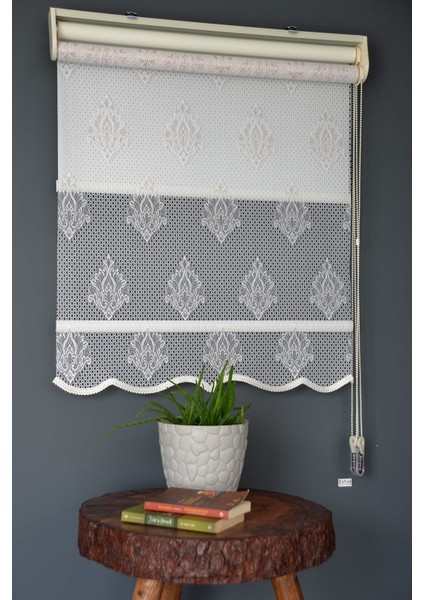 Çift Mekanizmalı Tül Stor Perde NT-102 Beyaz & Pembe Renk Etekli 280 x 200 cm
