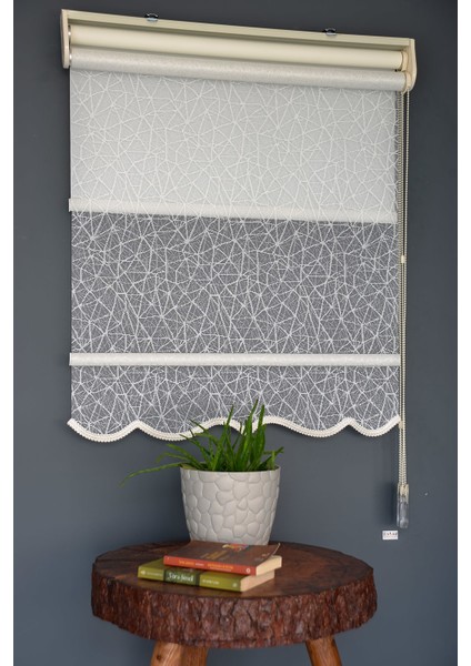 Çift Mekanizmalı Tül Stor Perde Dacuz-205 Kırık Beyaz Renk Etekli 280 x 260 cm