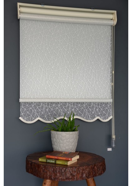 Çift Mekanizmalı Tül Stor Perde Dacuz-205 Kırık Beyaz Renk Etekli 280 x 260 cm modelleri