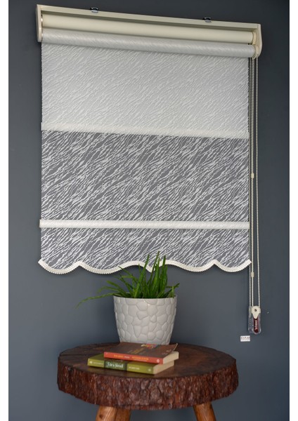 Çift Mekanizmalı Tül Stor Perde Dacuz-200 Kırık Beyaz Renk Etekli 280 x 260 cm