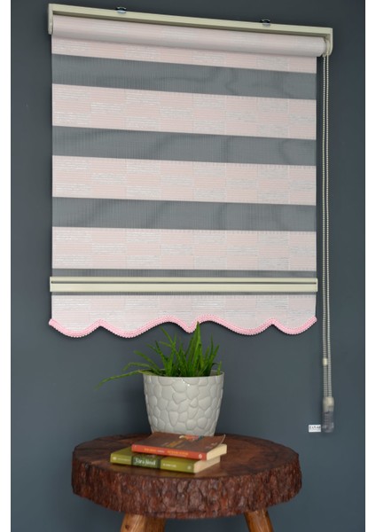 Zebra Stor Perde Pj-05 Pembe & Beyaz Renk Etekli 100 x 260 cm