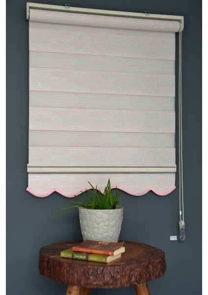 Zebra Stor Perde Pj-05 Pembe & Beyaz Renk Etekli 100 x 260 cm