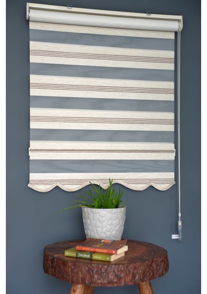 Zebra Stor Perde PLZ-602 Krem & Koyu Kahverengi Renk Etekli 120 x 260 cm