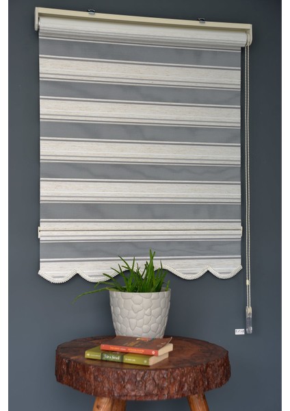 Zebra Stor Perde PLZ-801 Sütlü Kahve, Gri & Beyaz Renk Etekli Bambu 230 x 200 cm