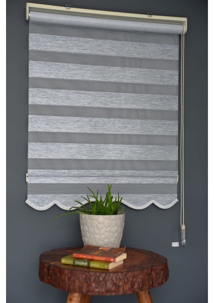 Zebra Stor Perde SM-403 Koyu Yeşil & Gümüş Yaldız Renk Etekli 100 x 260 cm