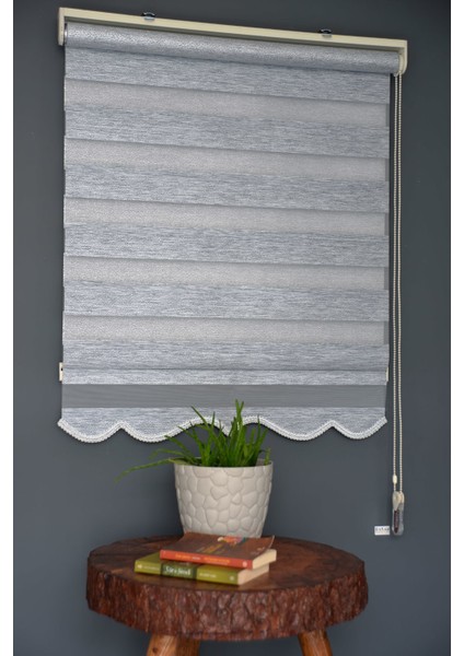 Zebra Stor Perde SM-403 Koyu Yeşil & Gümüş Yaldız Renk Etekli 100 x 260 cm