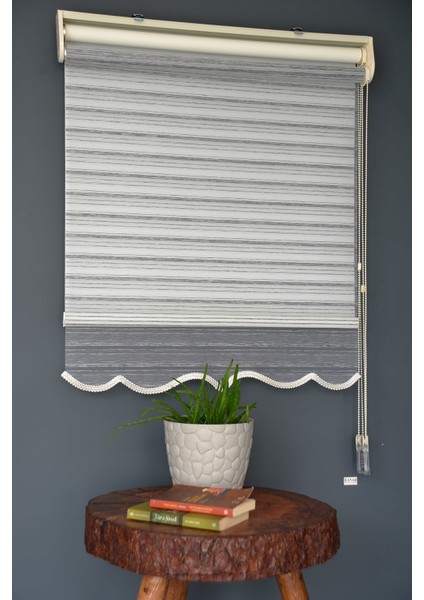 Çift Mekanizmalı Tül Stor Perde Vt-02 Gri Renk Etekli 280 x 200 cm