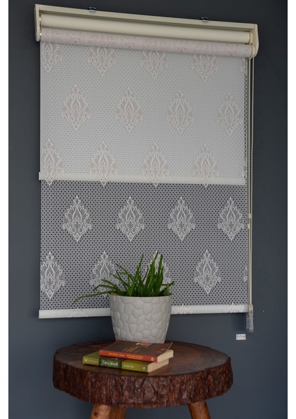 Çift Mekanizmalı Tül Stor Perde NT-102 Beyaz & Pembe Renk Eteksiz 280 x 200 cm