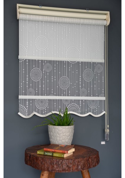 Çift Mekanizmalı Tül Stor Perde Dacuz-208 Kırık Beyaz Renk Etekli 280 x 260 cm