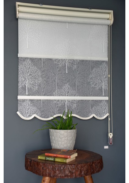 Çift Mekanizmalı Tül Stor Perde Dacuz-203 Kırık Beyaz Renk Etekli 280 x 260 cm