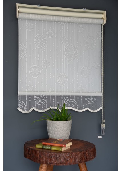 Çift Mekanizmalı Tül Stor Perde Dacuz-208 Kırık Beyaz Renk Etekli 280 x 200 cm