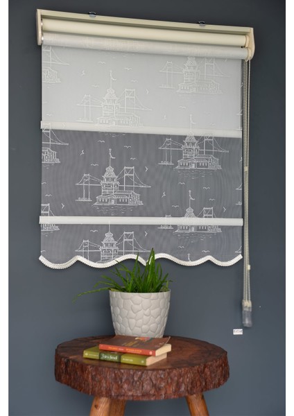 Çift Mekanizmalı Tül Stor Perde Dacuz-212 Kırık Beyaz Renk Etekli 280 x 260 cm