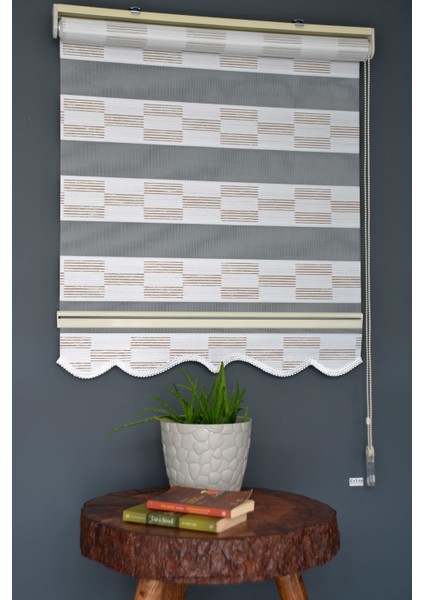 Zebra Stor Perde Pj-04 Beyaz & Kahve Renk Etekli 100 x 200 cm