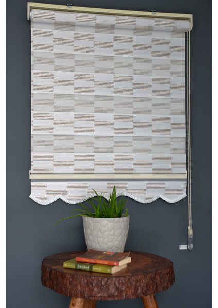 Zebra Stor Perde Pj-04 Beyaz & Kahve Renk Etekli 100 x 200 cm