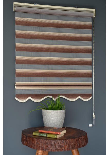 Zebra Stor Perde Yz-04 Krem & Koyu Kahverengi Renk Etekli 130 x 260 cm