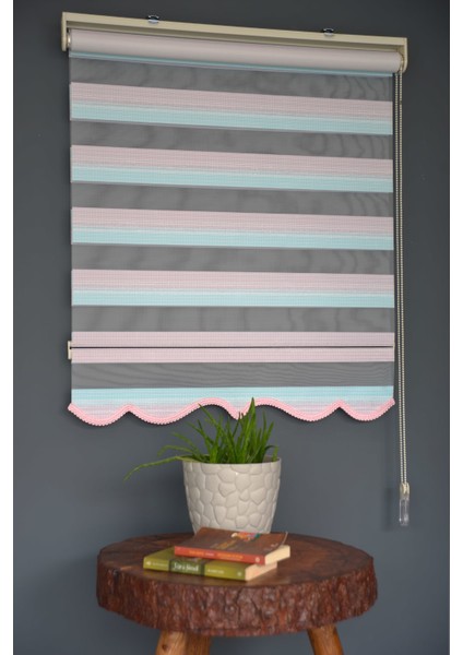 Zebra Stor Perde Zn-23 Gül Kurusu & Turkuaz Renk Etekli 130 x 260 cm