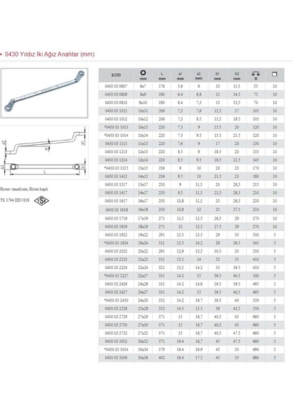 24X27 Yıldız Iki Ağız Anahtar 0430 03 2427