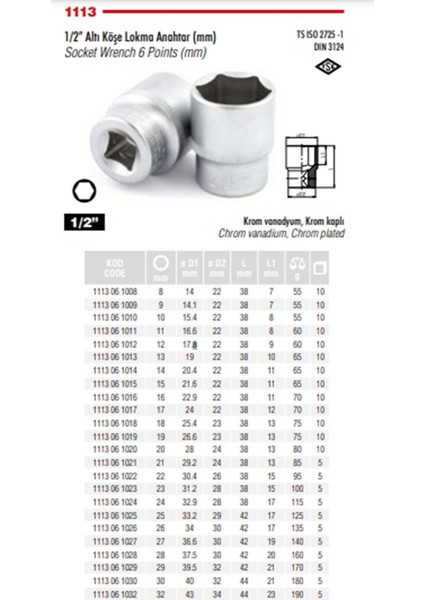 15 mm 1/2 Altı Köşeli Lokma Anahtar 1113 06 1015