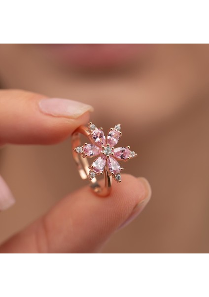 Pembe Taşlı Aster Çiçeği Gümüş Yüzük