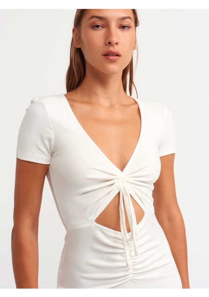 9133 V Yaka Ön Büzgülü Elbise-Ekru fırsatları