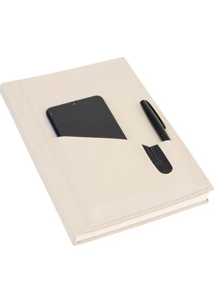 Deri Telefon Kılıflı Kapak Tarihsiz Düz Defter 17 x 24 cm Bej