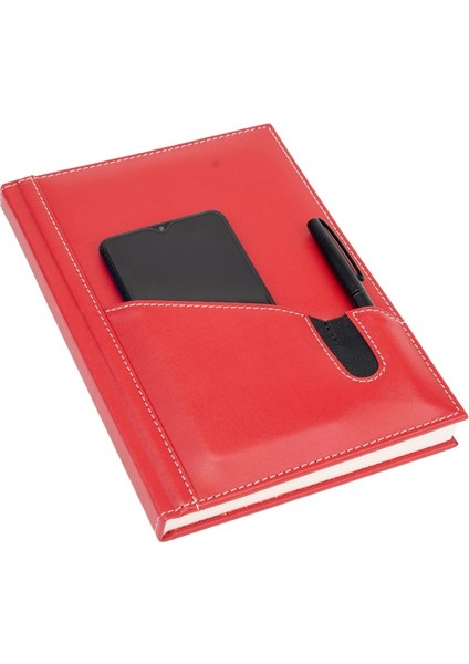 Deri Telefon Kılıflı Kapak Tarihsiz Düz Defter 17 x 24 cm Kırmızı