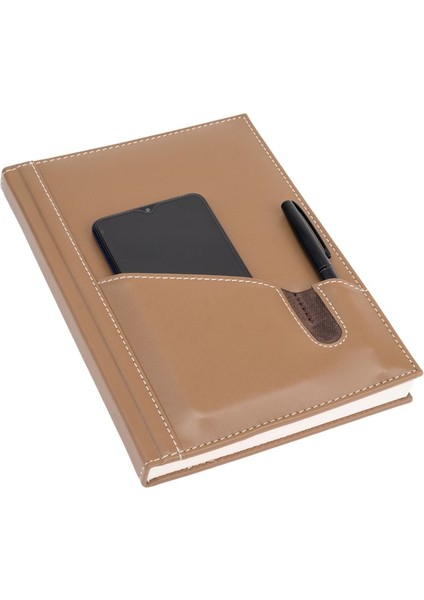 Deri Telefon Kılıflı Kapak Defter Ajanda Tarihsiz Çizgili 17 x 24 cm Vizon