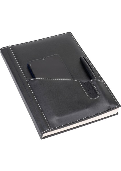 Deri Telefon Kılıflı Kapak Defter Ajanda Tarihsiz Kareli 17 x 24 cm Siyah