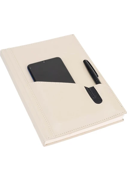 Deri Telefon Kılıflı Kapak Defter Ajanda Tarihsiz Kareli 17 x 24 cm Bej