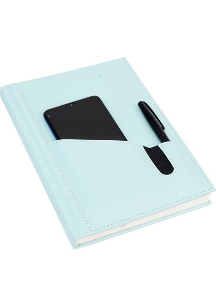 Deri Telefon Kılıflı Kapak Defter Ajanda Tarihsiz Kareli 17 x 24 cm Su Yeşili