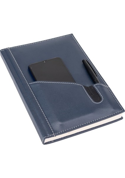 Deri Telefon Kılıflı Kapak Defter Ajanda Tarihsiz Kareli 17 x 24 cm Lacivert