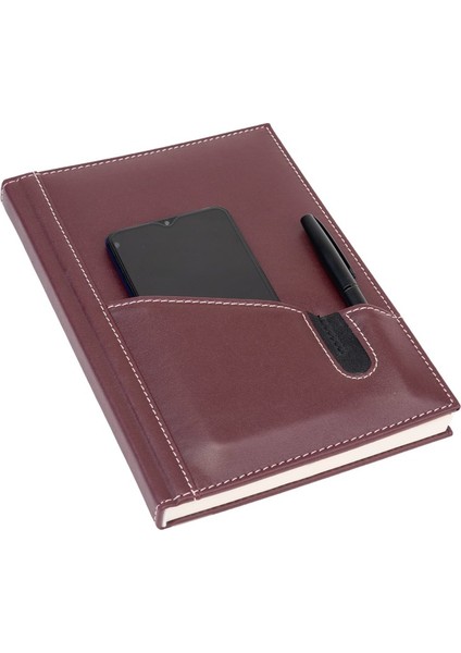 Deri Telefon Kılıflı Kapak Defter Ajanda Tarihsiz Kareli 17 x 24 cm Bordo