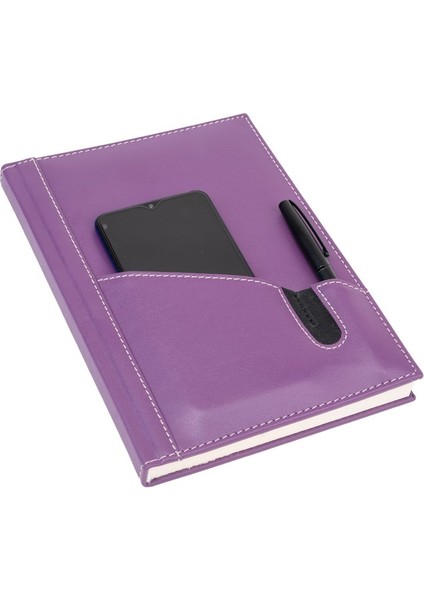 Deri Telefon Kılıflı Kapak Defter Ajanda Tarihsiz Kareli 17 x 24 cm Lila