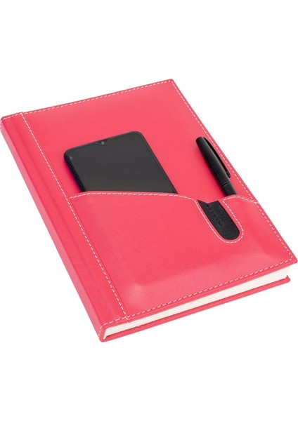 Deri Telefon Kılıflı Kapak Defter Ajanda Tarihsiz Kareli 17 x 24 cm Fuşya