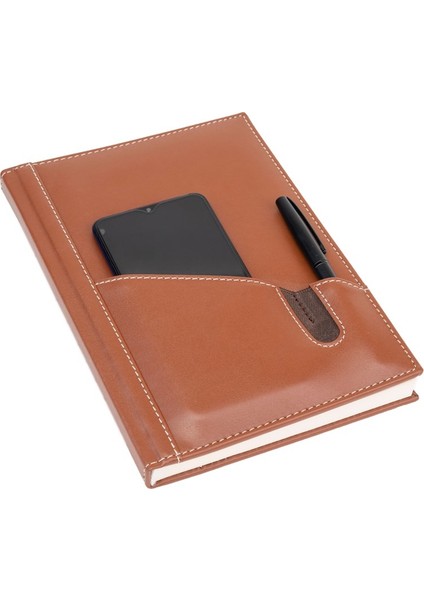 Deri Telefon Kılıflı Kapak Defter Ajanda Tarihsiz Kareli 17 x 24 cm Taba