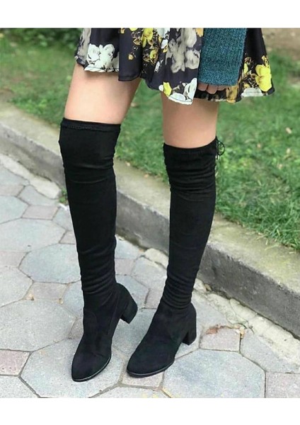 Ilgipark Siyah Süet Streç Diz Üstü Ökçeli Uzun Çizme Kadın Bot