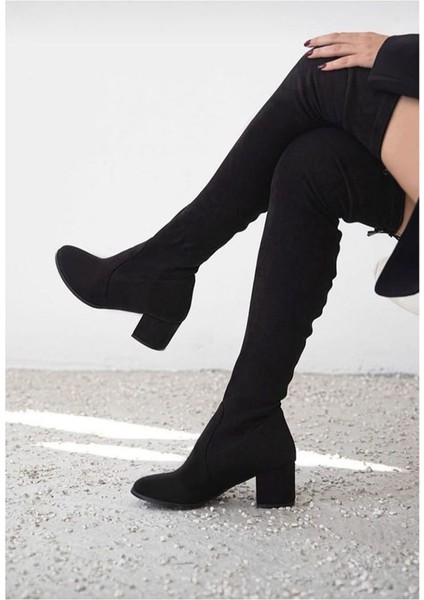 Ilgipark Siyah Süet Streç Diz Üstü Ökçeli Uzun Çizme Kadın Bot fiyatları