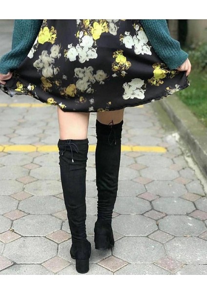 Ilgipark Siyah Süet Streç Diz Üstü Ökçeli Uzun Çizme Kadın Bot modelleri